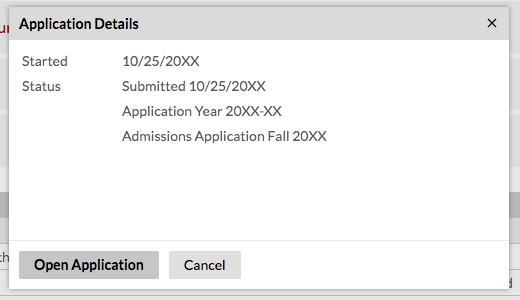 A screenshot showing a popup overlaying the New Student Center. The popup displays details about the selected application, and two buttons: 'Open Application' and 'Cancel'.