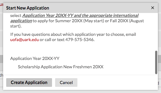 A screenshot showing a popup overlaying the New Student Center. The popup has been scrolled down to show a heading of the current application year; below it is a line of text reading 'Scholarship Application New Freshmen 20XX'. Underneath the text are two buttons, 'Create Application' and 'Cancel'.