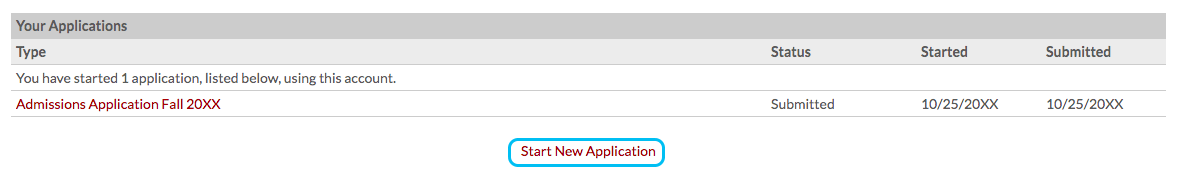 A screenshot of the Your Applications section of a user's New Student Center homepage. Below the table listing the submitted admissions application is a link reading 'Start New Application' which is circled.